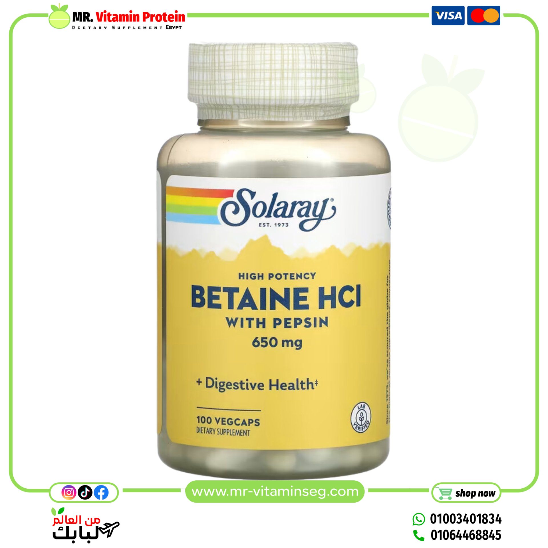 Solaray, High Potency Betaine HCl with Pepsin, 650 mg, 100 VegCaps