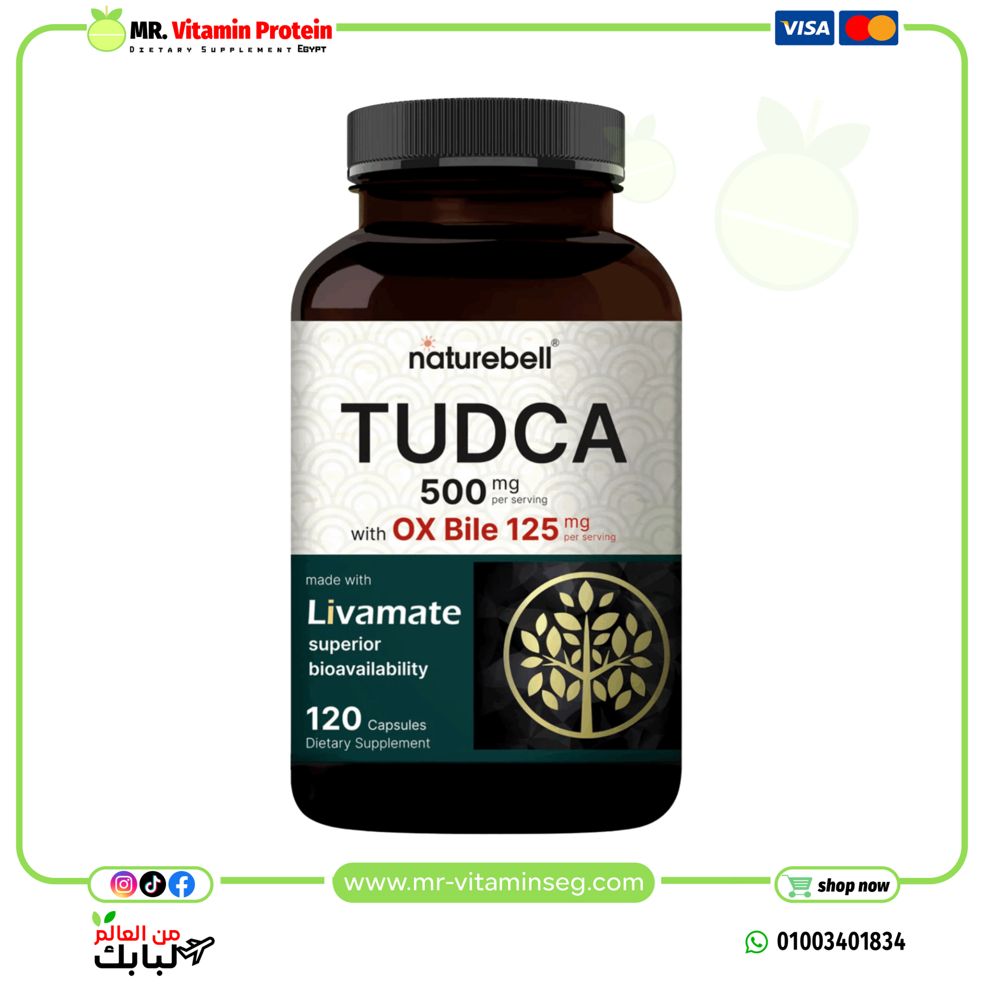NatureBell,TUDCA 500mg with OX Bile 125mg Per Serving, 120 Capsules