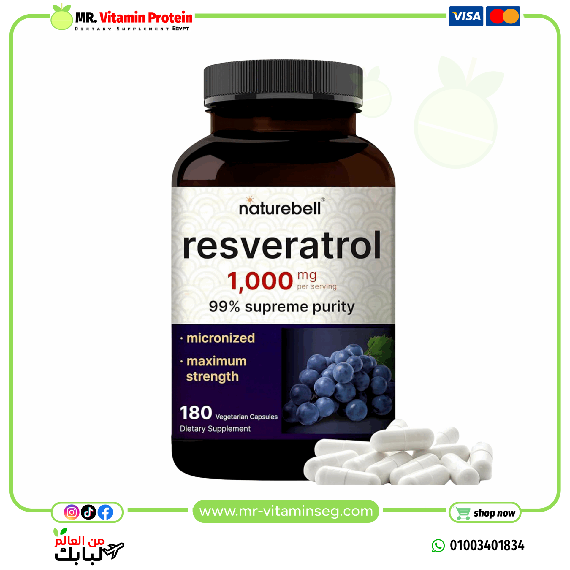 NatureBell Resveratrol Supplement 1000mg Per Serving, 180 Veggie Capsules