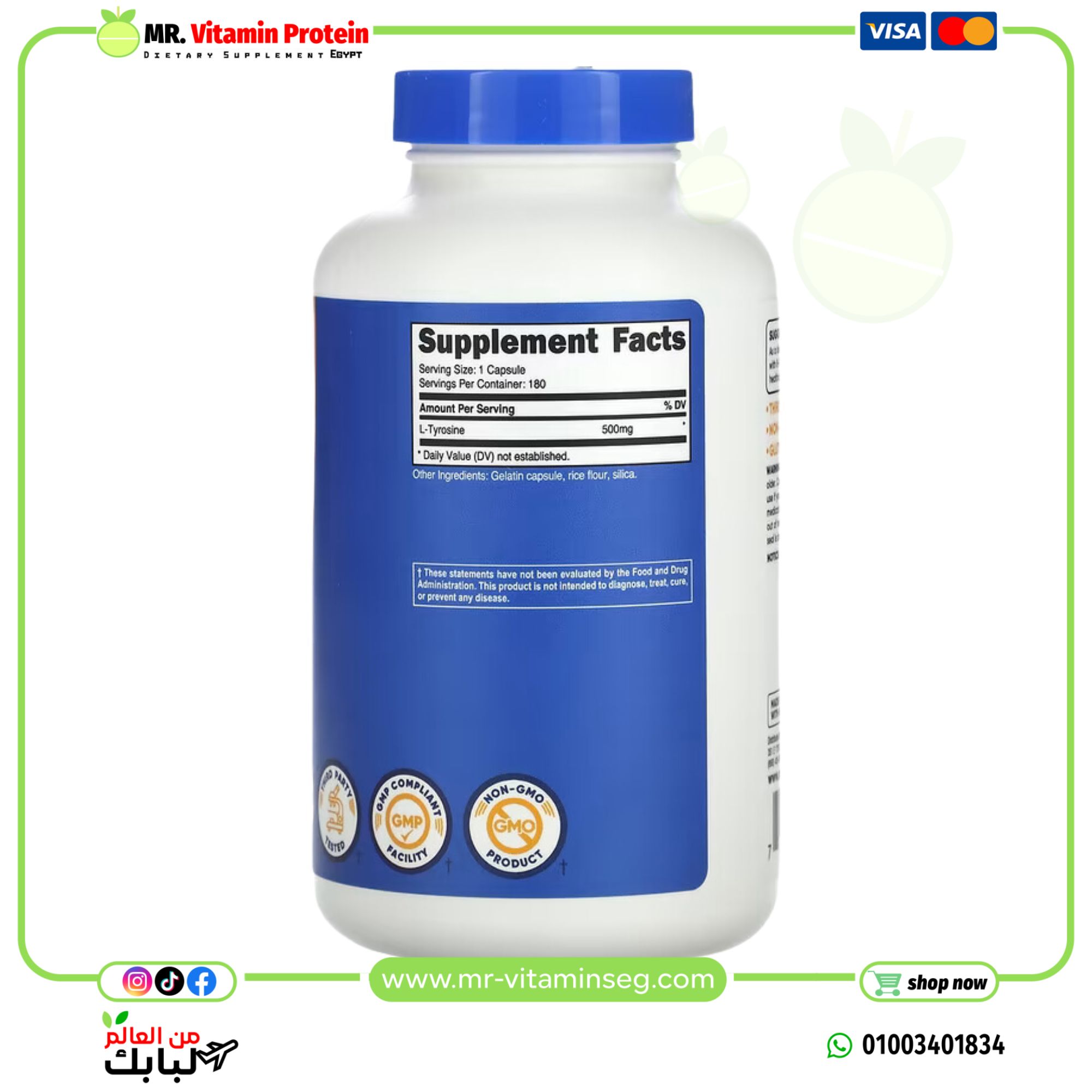 Nutricost, L-Tyrosine, 500 mg, 180 Capsules - Image 2