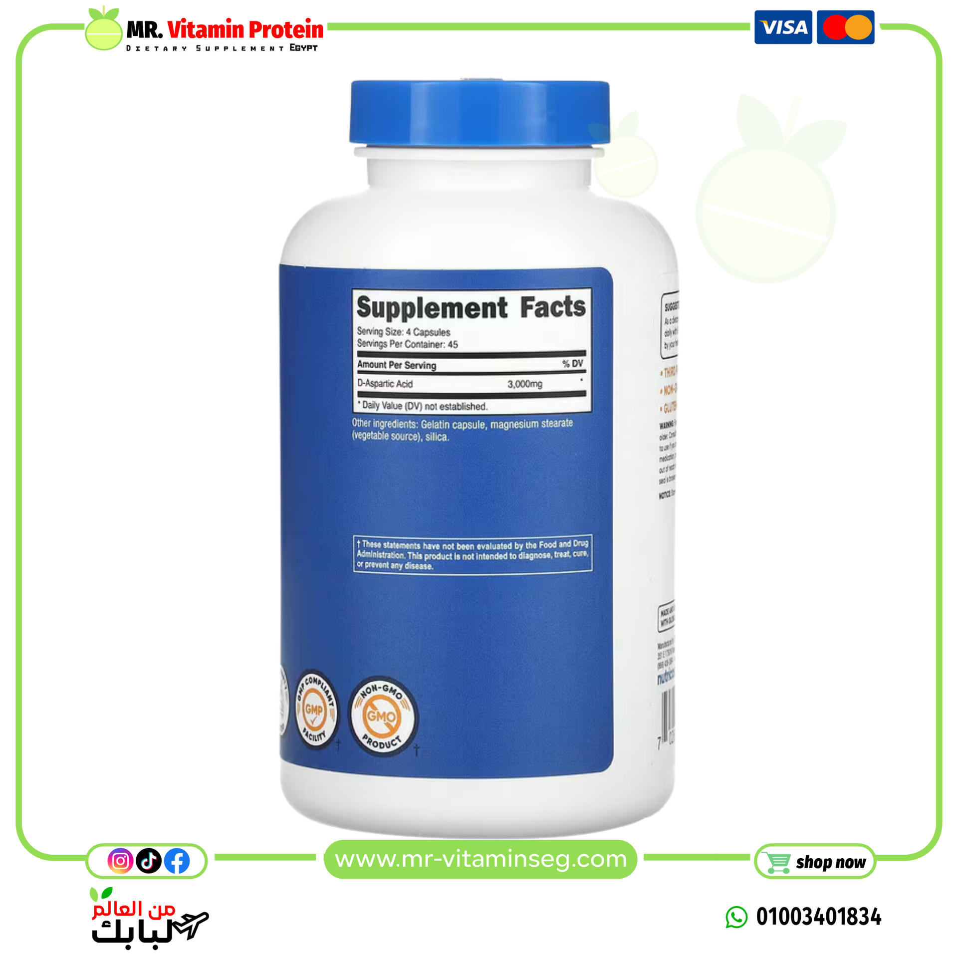 Nutricost, D-Aspartic Acid, 3,000 mg , 180 Capsules (750 mg per Capsule) - Image 2