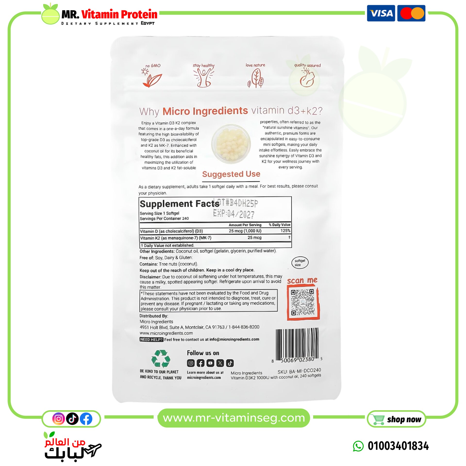 مايكرو انجريدينتس, فيتامين د 3 + ك 2 ، 240 كبسولة هلامية / Micro Ingredients, Vitamin D3 K2, 240 Softgels - الصورة 2