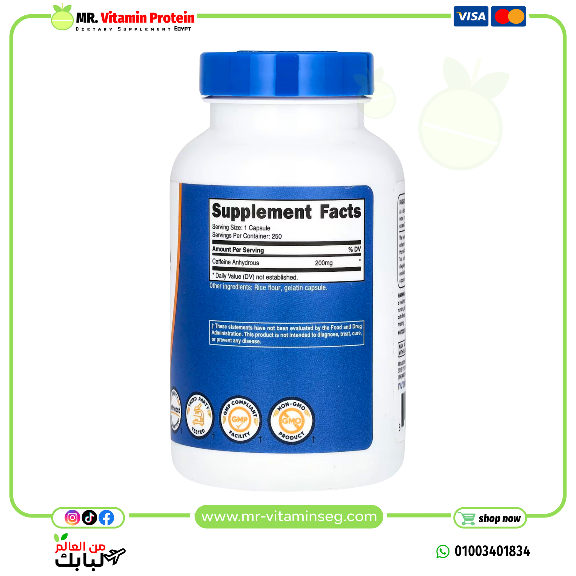 Nutricost, Caffeine, 200 mg, 250 capsules - Image 2