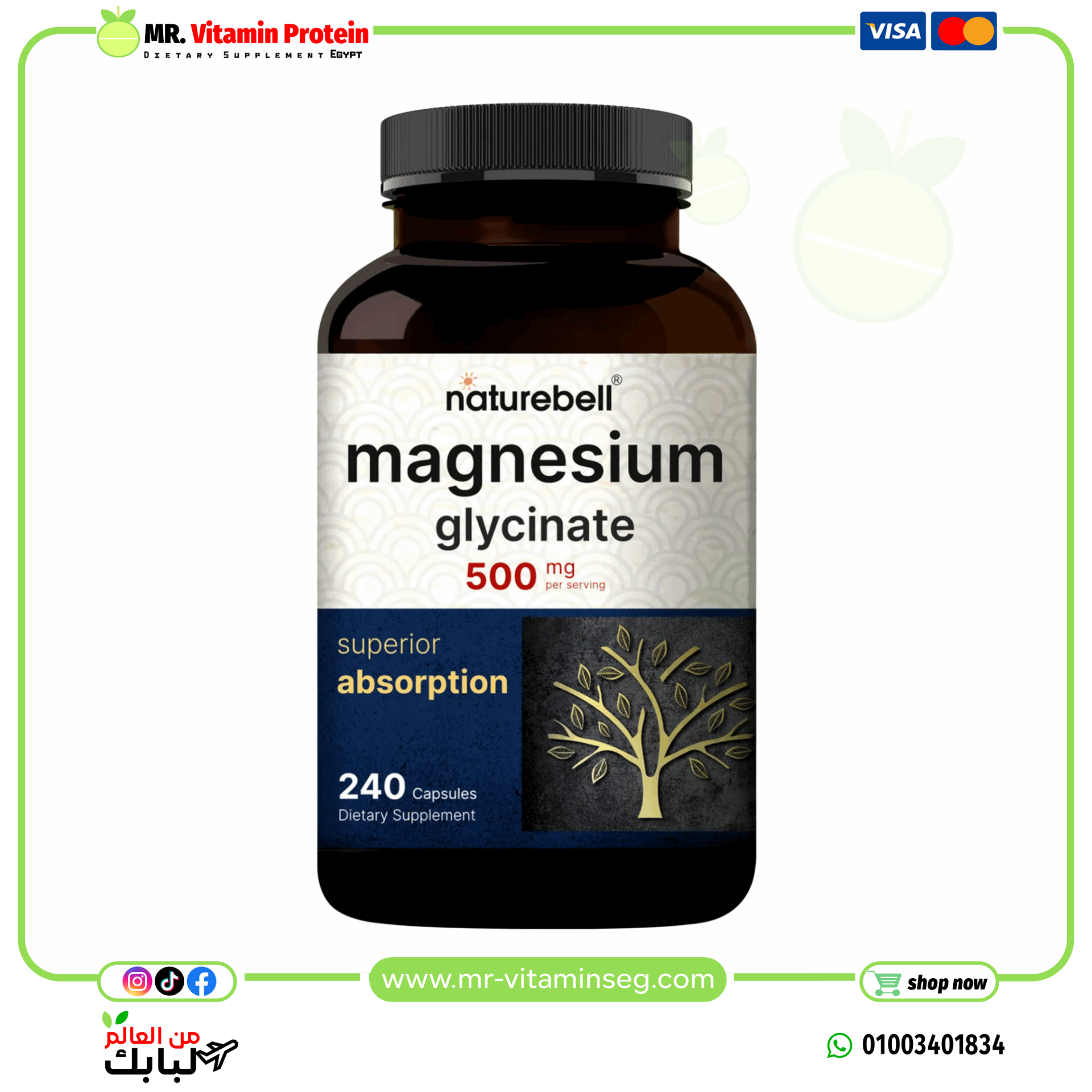 ناتشربيل، مغنيسيوم جليسينات 500 ملغ – 240 كبسولة / Naturebell, Magnesium Glycinate 500mg, 240 Capsules