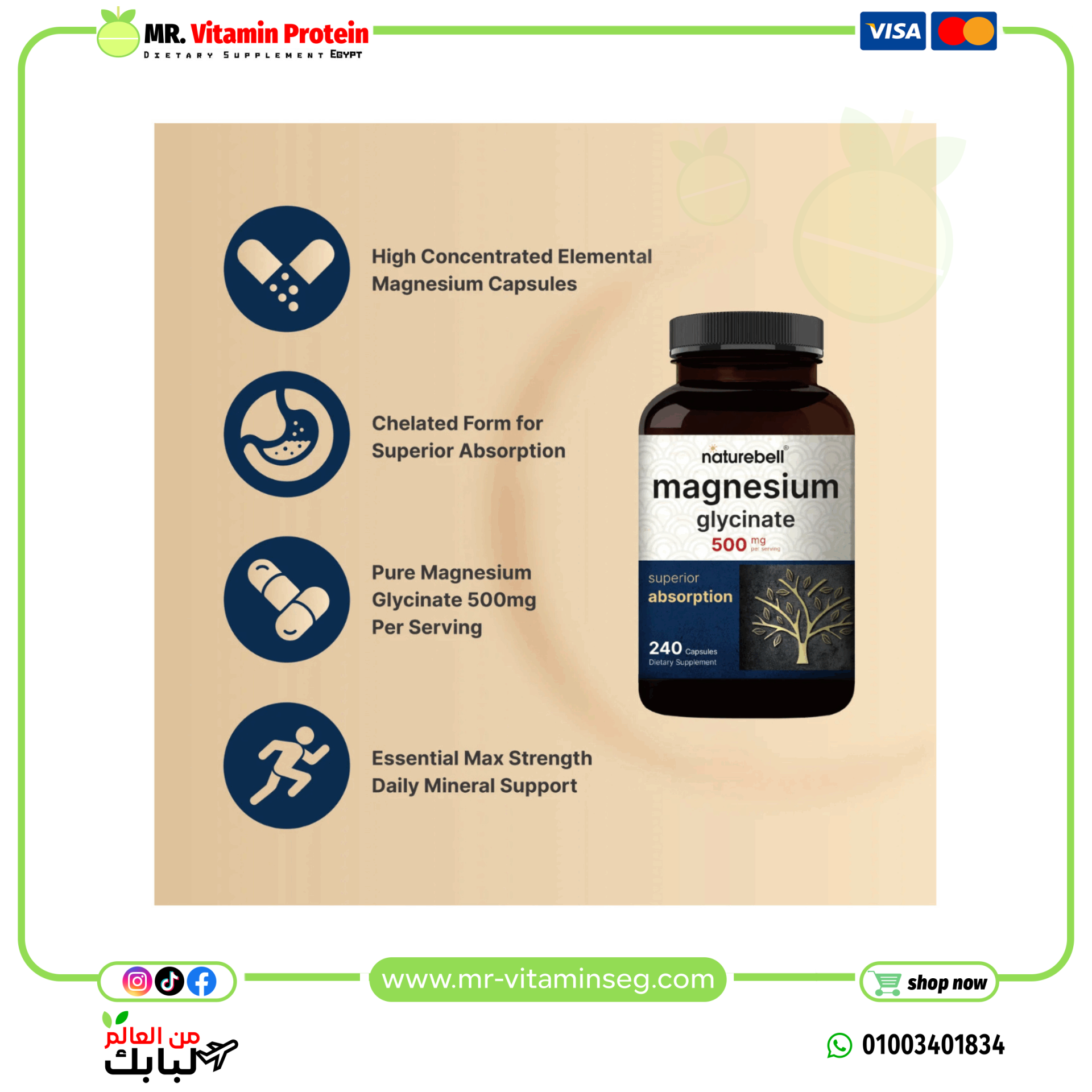 ناتشربيل، مغنيسيوم جليسينات 500 ملغ – 240 كبسولة / Naturebell, Magnesium Glycinate 500mg, 240 Capsules - الصورة 3