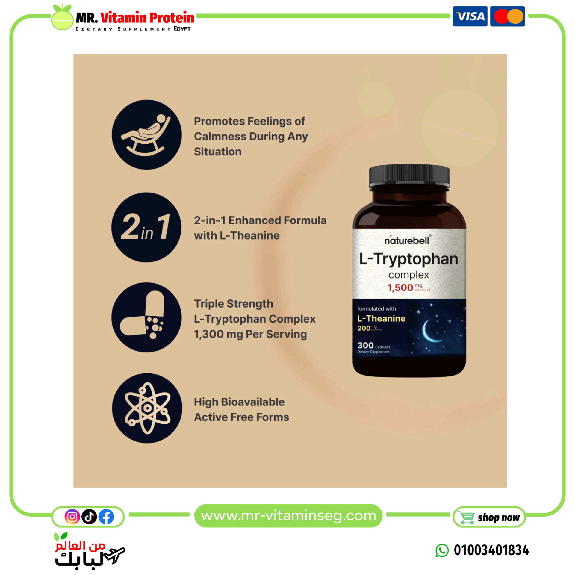 ناتشربيل، إل-تريبتوفان 1500مجم مع إل-ثيانين 200 مجم، 300 كبسولة / NatureBell L Tryptophan 1300mg with L Theanine - الصورة 3
