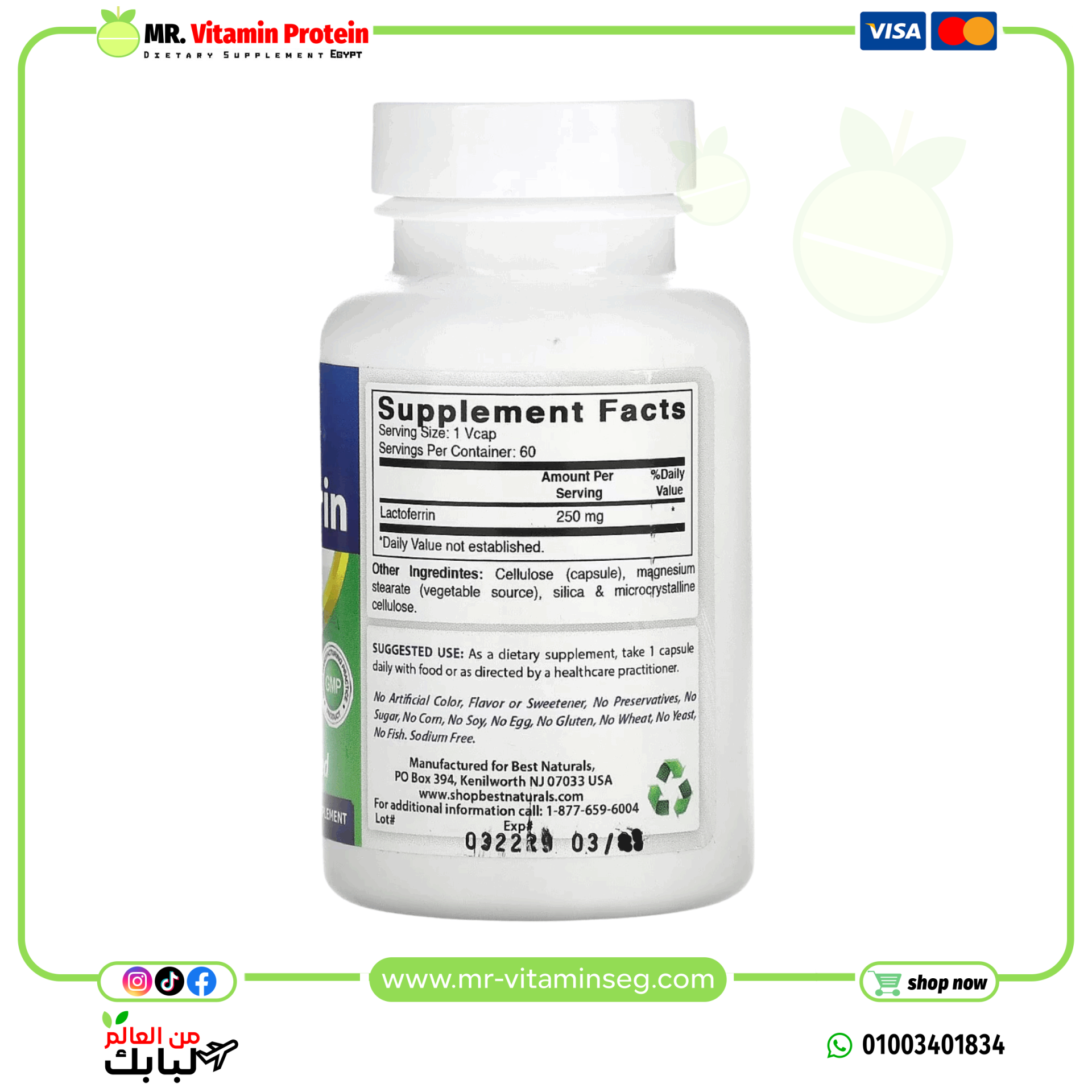 Best naturals, Lactoferrin, 250 mg, 60 veg capsules - Image 2