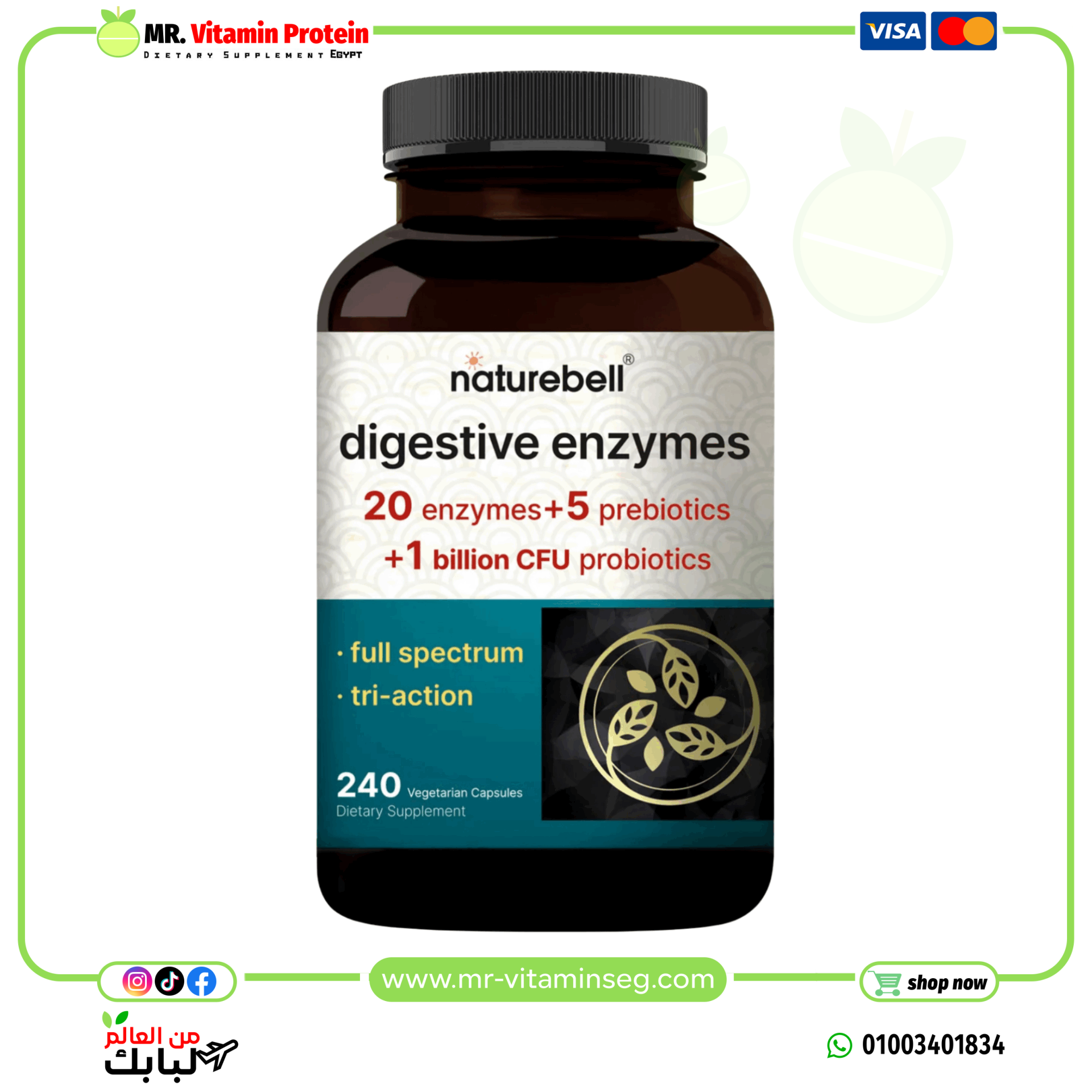 ناتشربيل، إنزيمات هضمية مع البروبيوتيك والبريبايوتيك، 240 كبسولة نباتية/Naturebell, Digestive Enzymes
