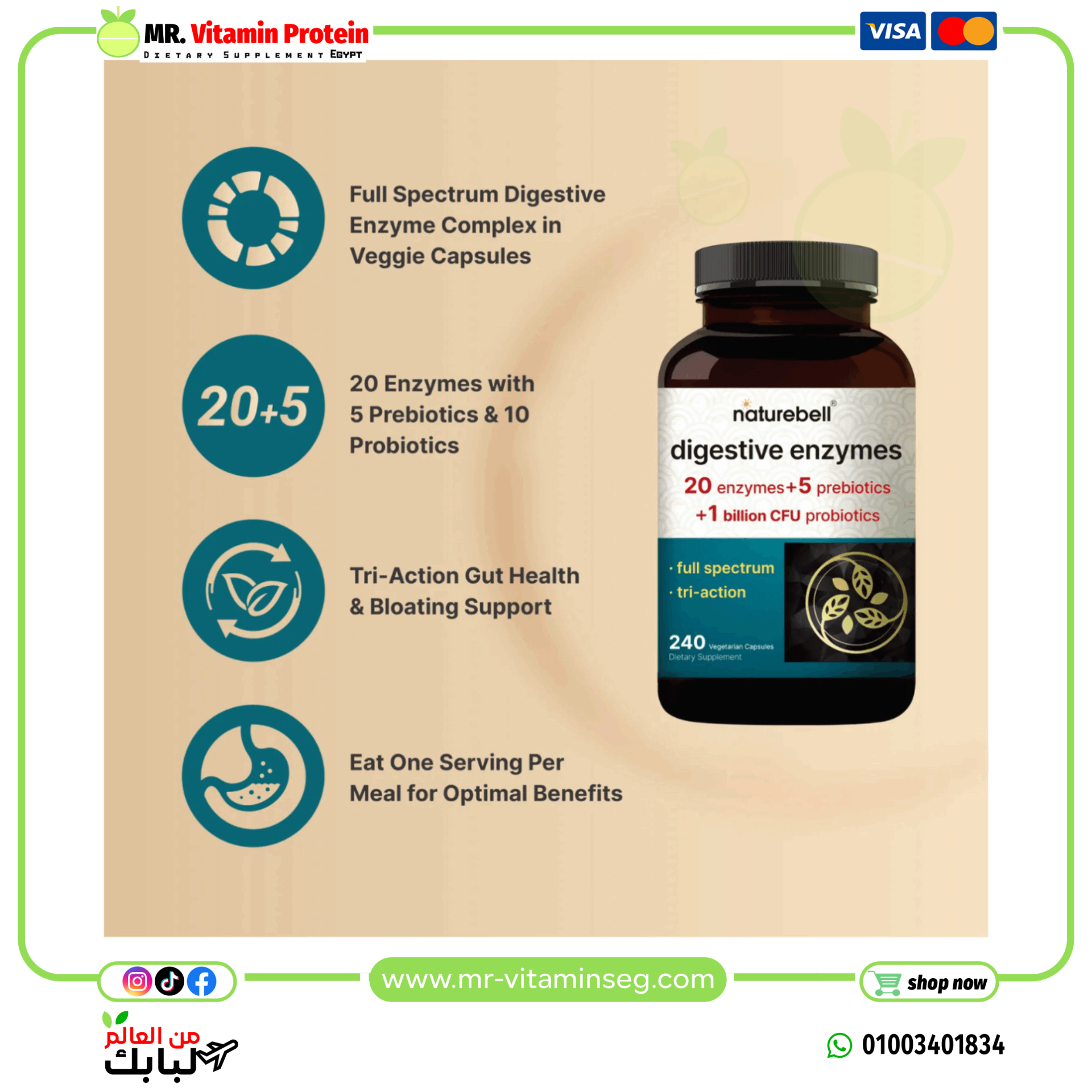 ناتشربيل، إنزيمات هضمية مع البروبيوتيك والبريبايوتيك، 240 كبسولة نباتية/Naturebell, Digestive Enzymes - الصورة 3