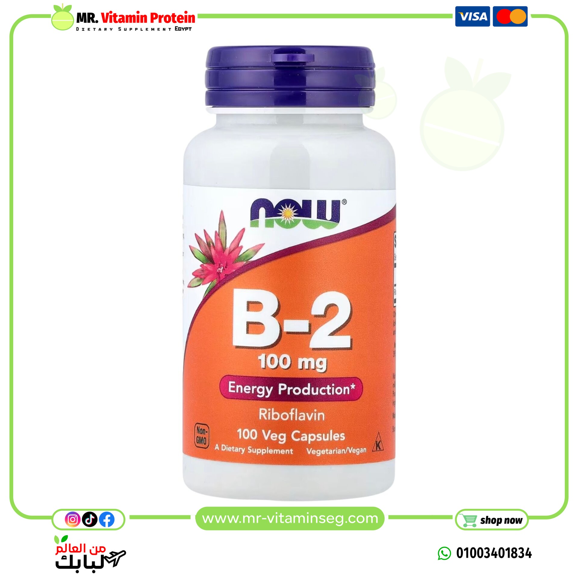 كبسولات، فيتامين ب2، 100 ملجم، 100 كبسولة نباتية/ NOW, B2, 100 mg, 100 Veg Capsules