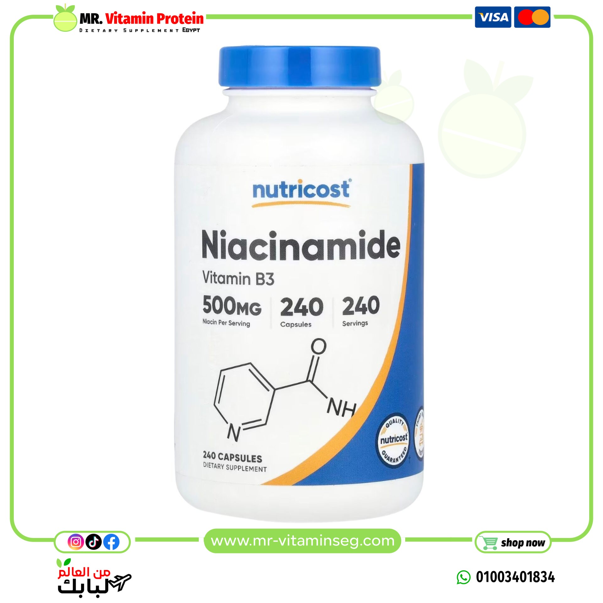 نوتريكوست, نياسيناميد ، 500 ملجم ، 240 كبسولة / Nutricost, Niacinamide, 500 mg, 240 Capsules