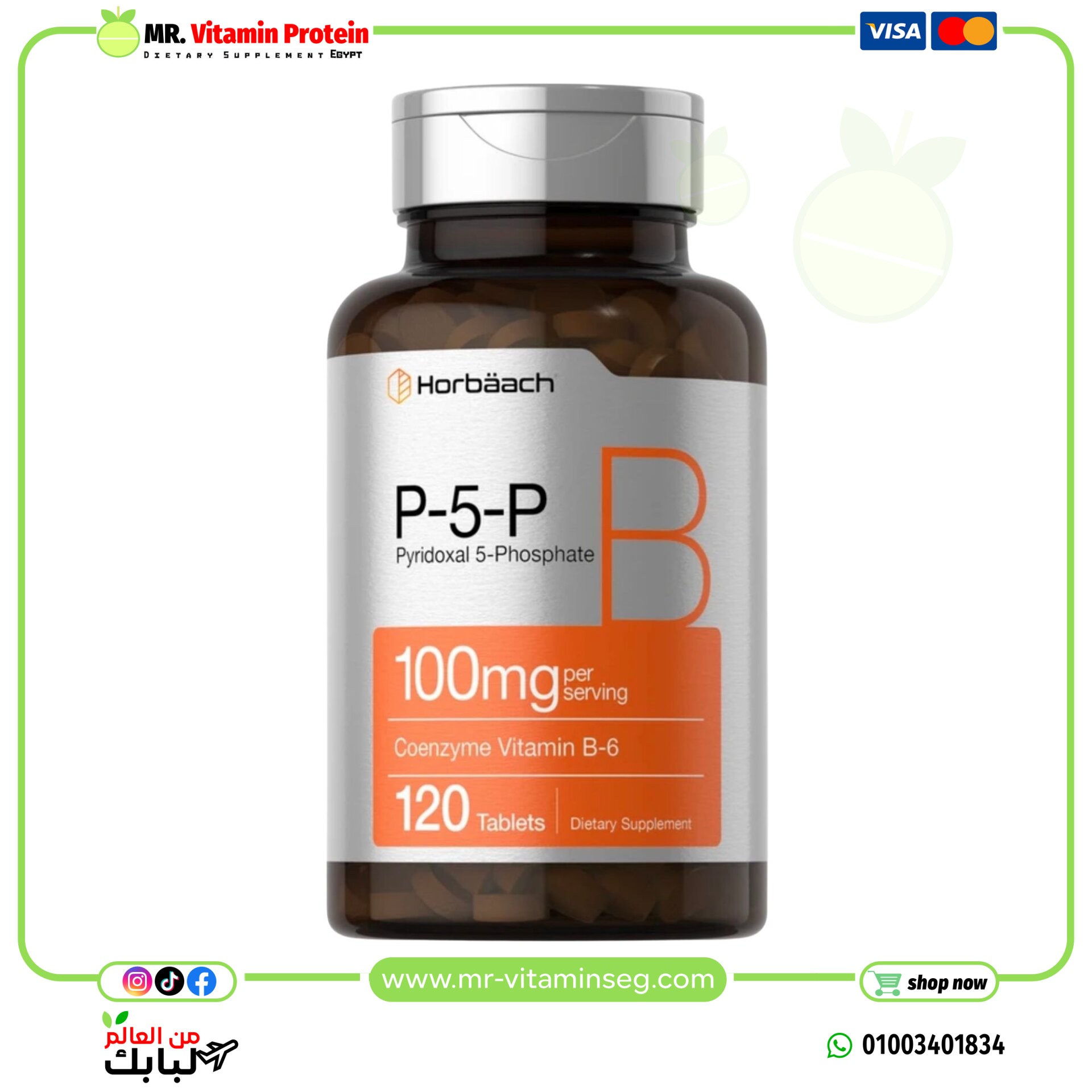 هورباخ، فيتامين B6 بصيغة P-5-P، بتركيز 100 مجم لكل حصة، 120 قرص / Horbaach, Vitamin, P5P, 100 mg , 120 Tab